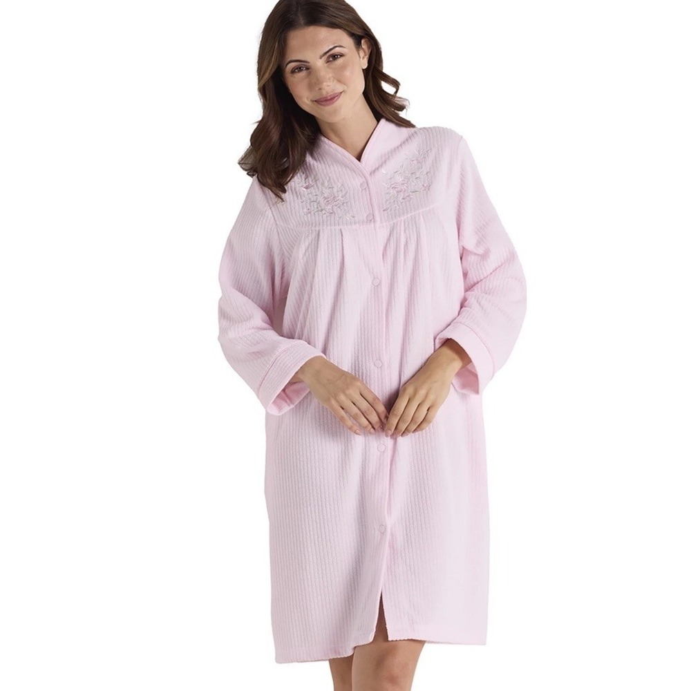 NWT Miss Elaine Brushed Back TERRY Snap House Dress‎ Lounge Robe Pink L Petite